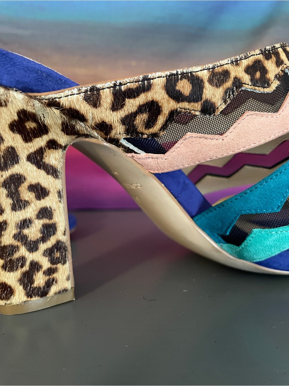 Cole Haan Amelia Haircalf Leopard Multicolor Suede Block High Heel Sandals 6B - Picture 10 of 12